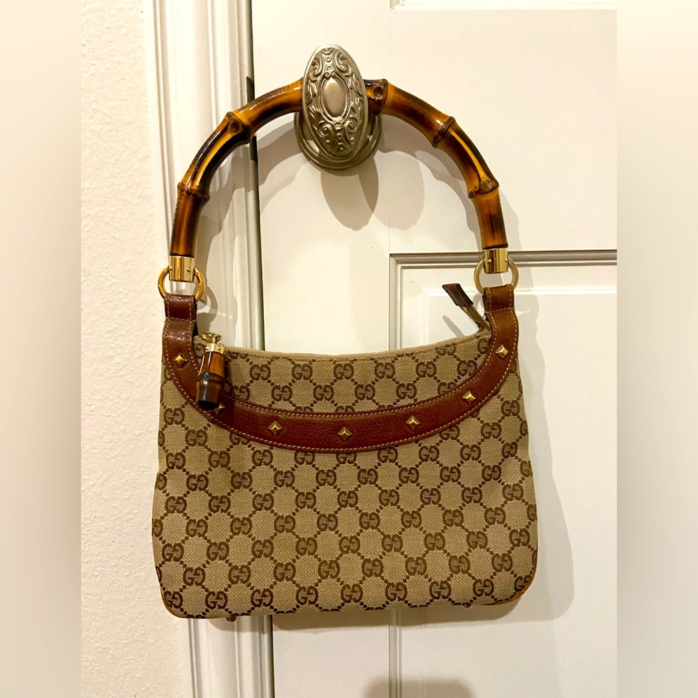 Authentic Gucci Canvas & Leather Logo with Bamboo handle -style 137387